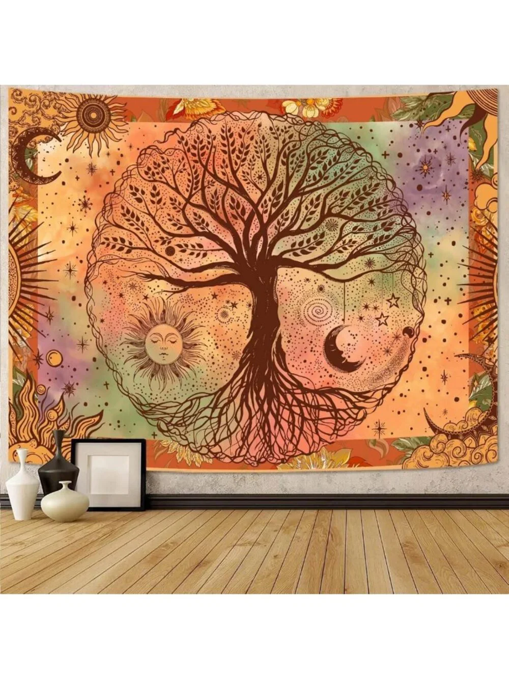 Boho Orange Tree of Life Tapestry - Sun Moon Stars Aesthetic Home Decor, 60x80